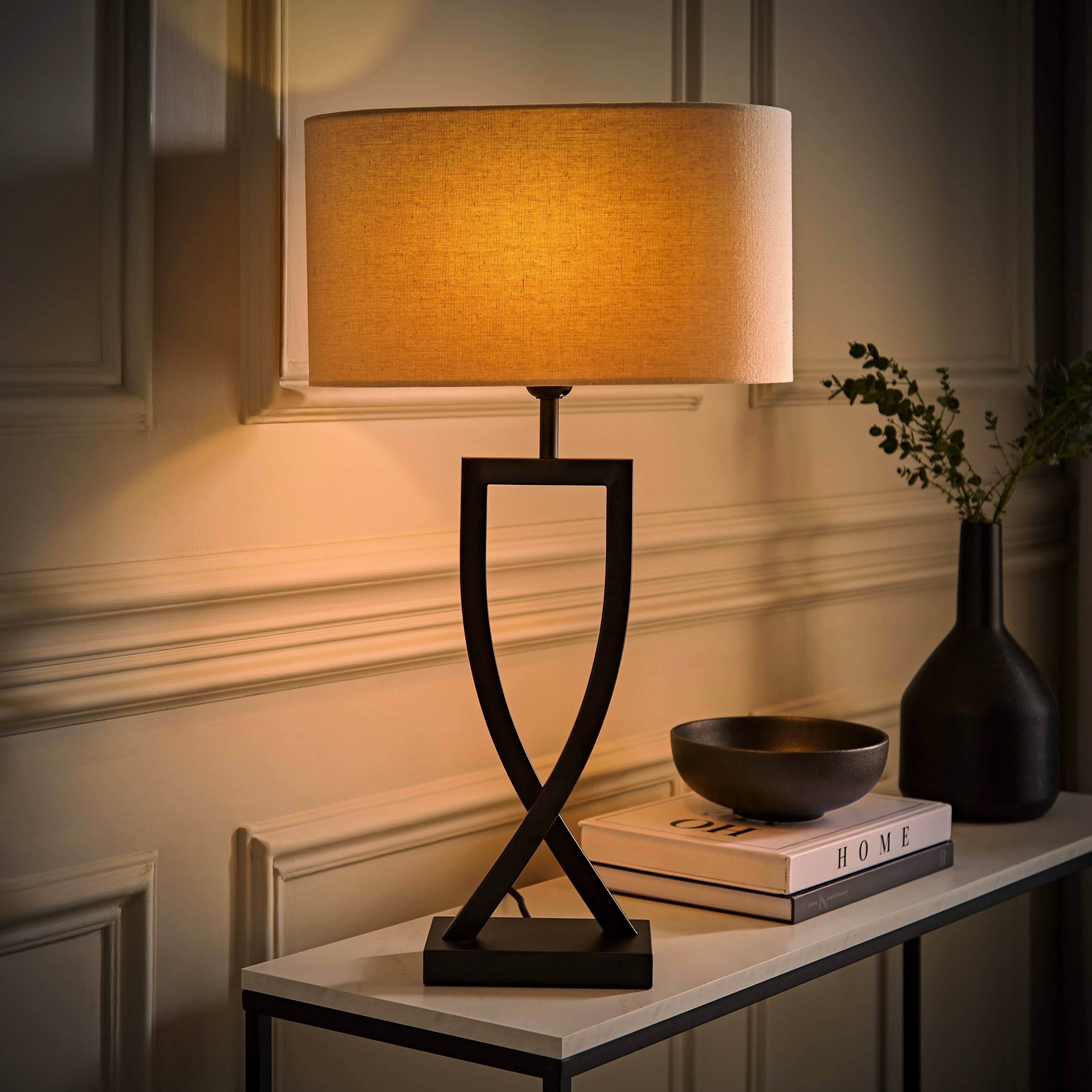 Katniss Black Table Lamp with Shade in Oatmeal | ValueLights